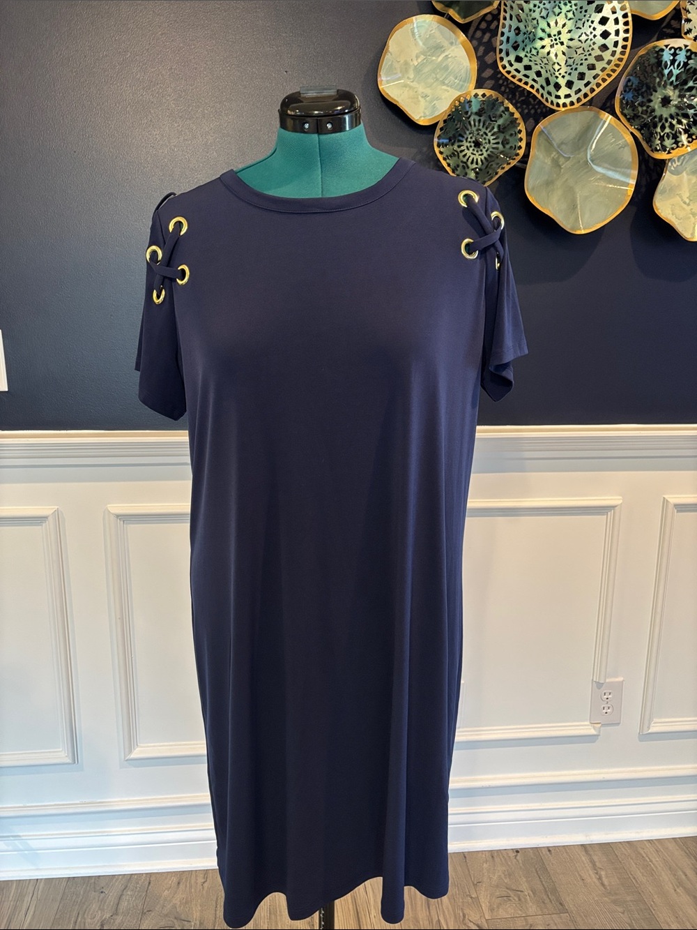 Michael Kors Navy Midi Dress Gold Eyelet Shoulder Detail Sleeveless Elegant 1X